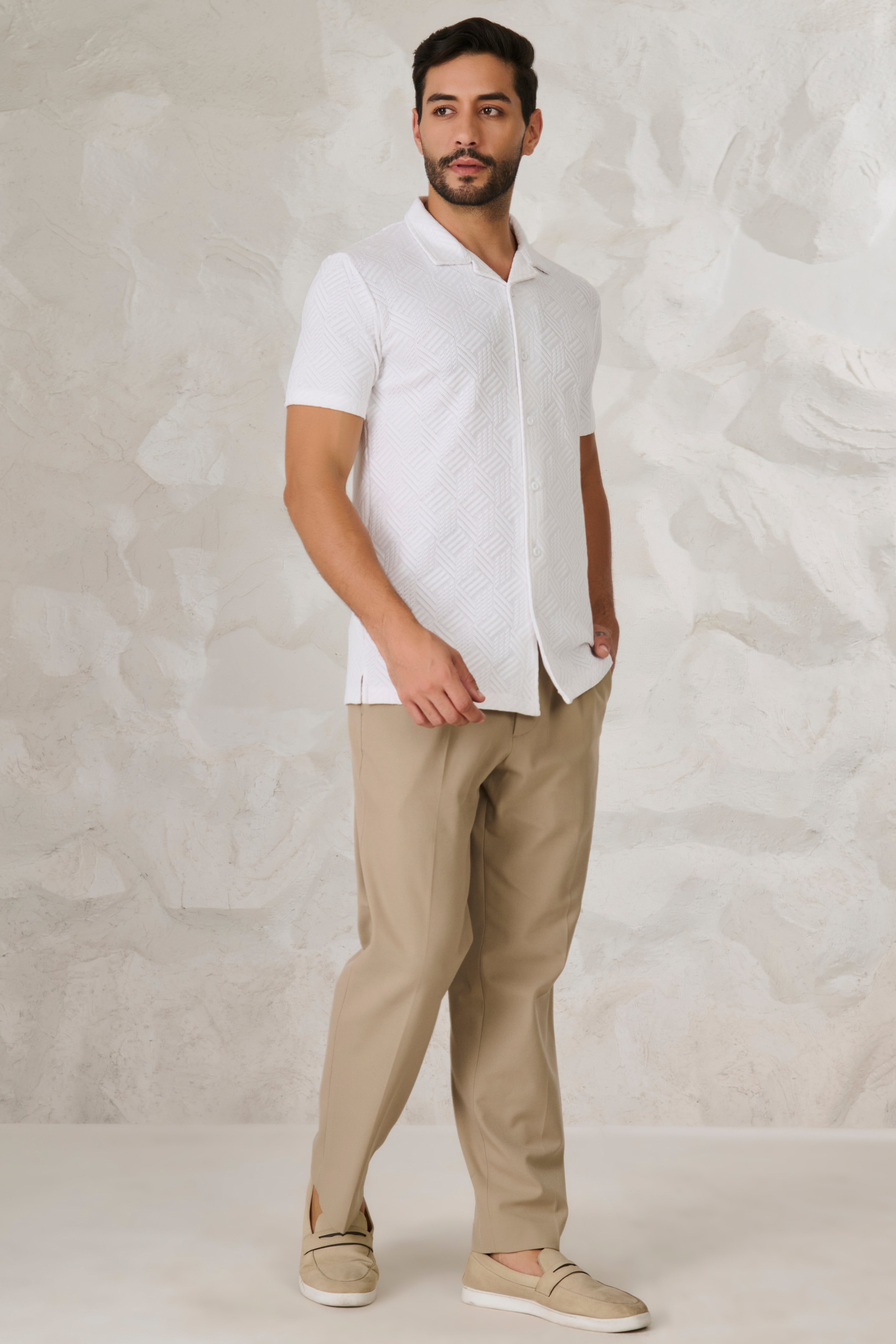 Buy Tile Textured Cuban Shirt - White Online Shopping view 5