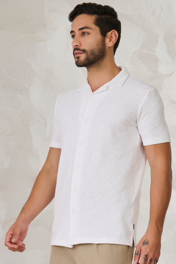 Tile Textured Cuban Shirt - White