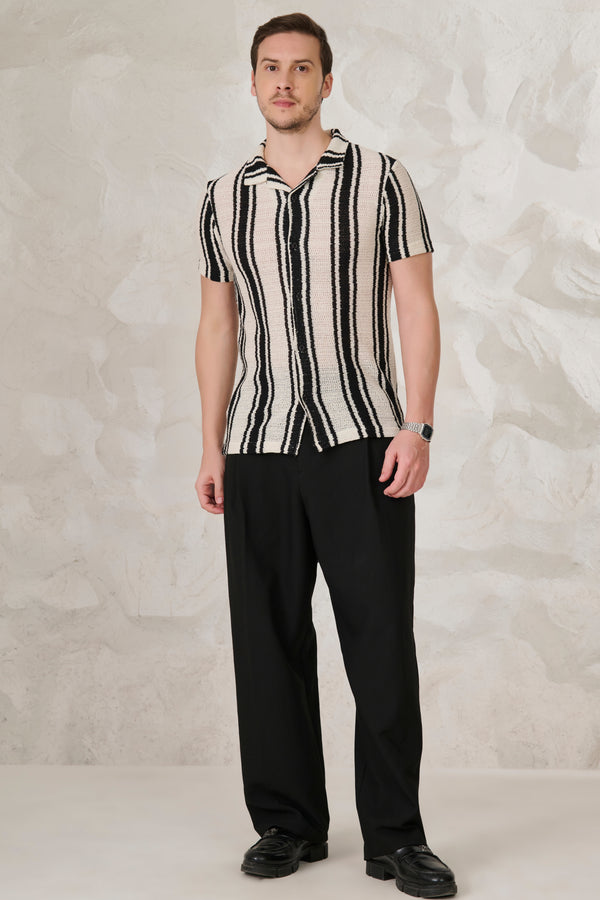 Textured Broad Stripe Cuban Shirt - Black