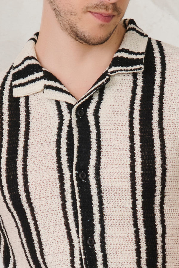 Textured Broad Stripe Cuban Shirt - Black