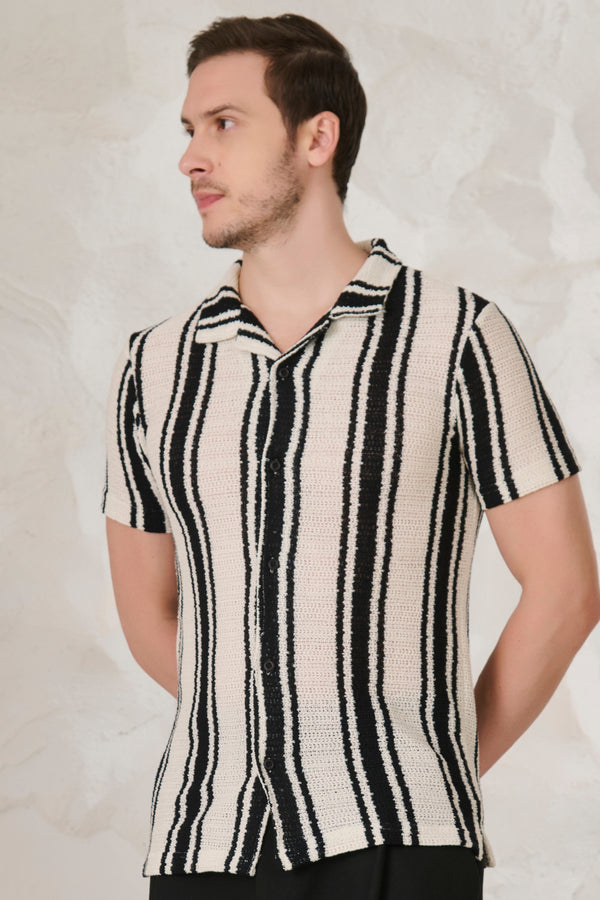 Textured Broad Stripe Cuban Shirt - Black