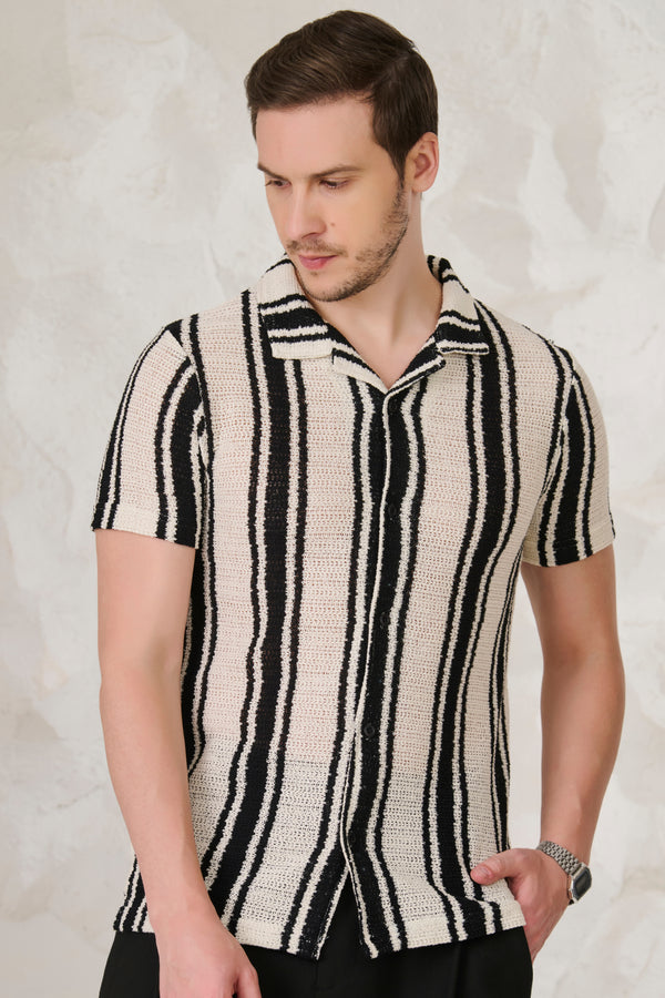 Textured Broad Stripe Cuban Shirt - Black