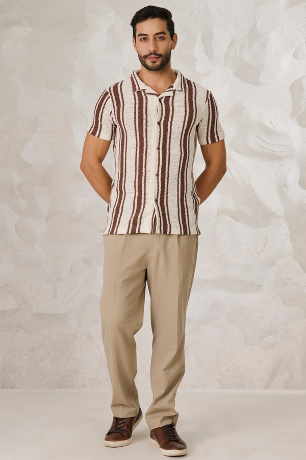 Textured Broad Stripe Cuban Shirt - Brown