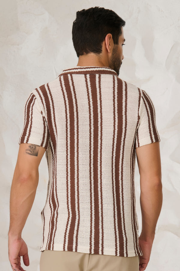 Textured Broad Stripe Cuban Shirt - Brown