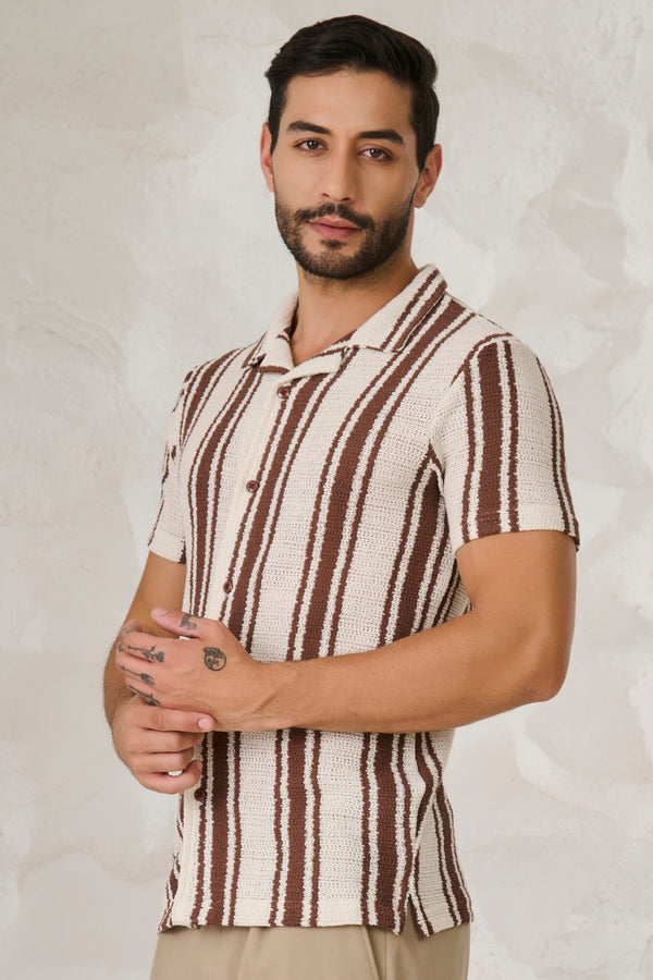 Textured Broad Stripe Cuban Shirt - Brown
