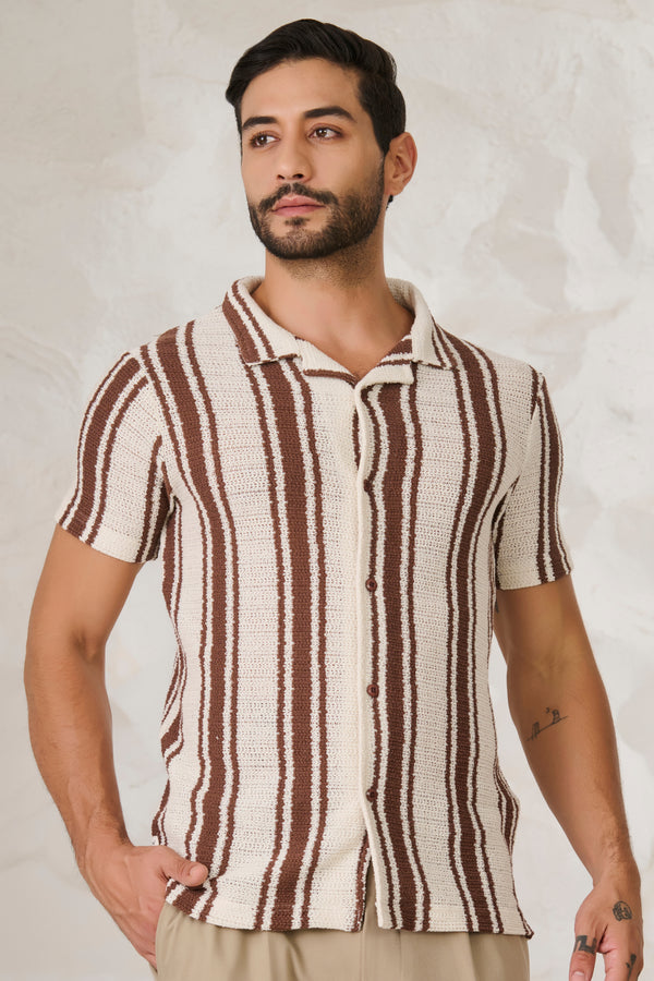 Textured Broad Stripe Cuban Shirt - Brown