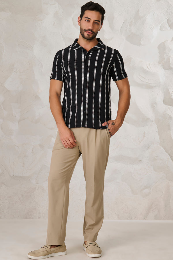 Ladder Stripes Textured Cuban Shirt - Black