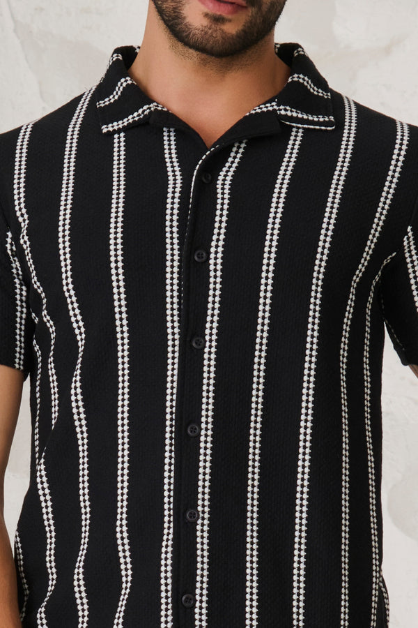 Ladder Stripes Textured Cuban Shirt - Black