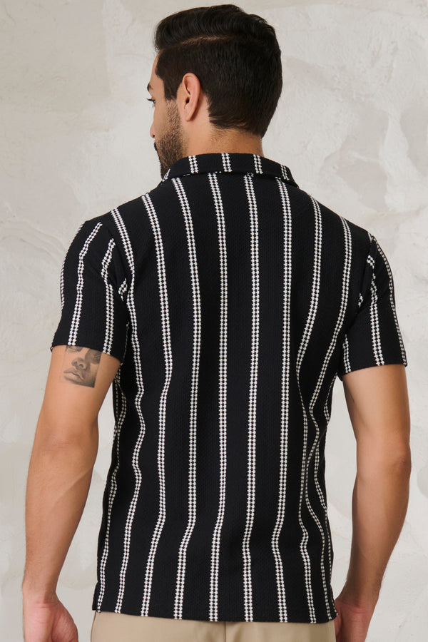 Ladder Stripes Textured Cuban Shirt - Black