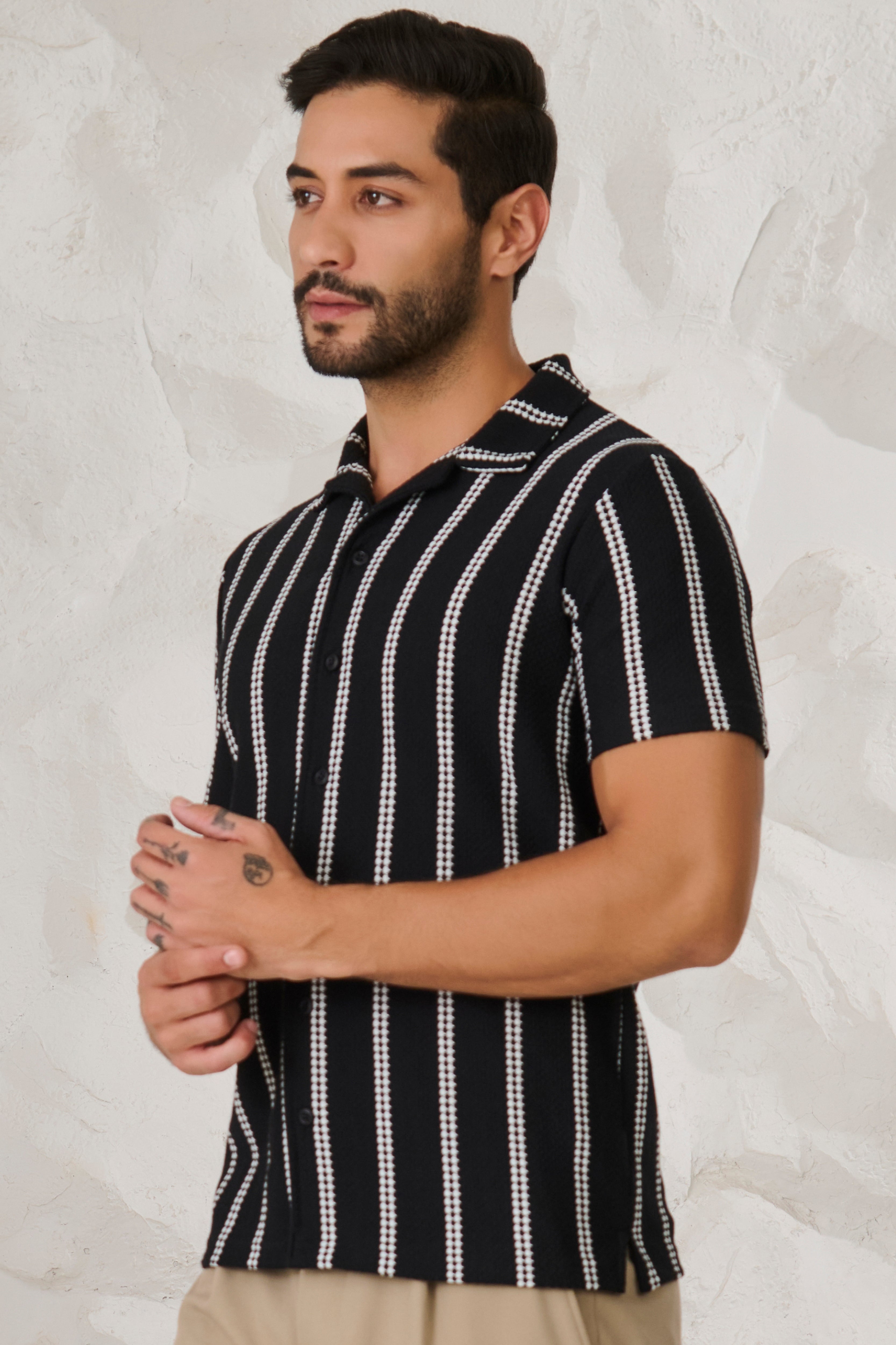 Buy Ladder Stripes Textured Cuban Shirt - Black Online Shopping view 2