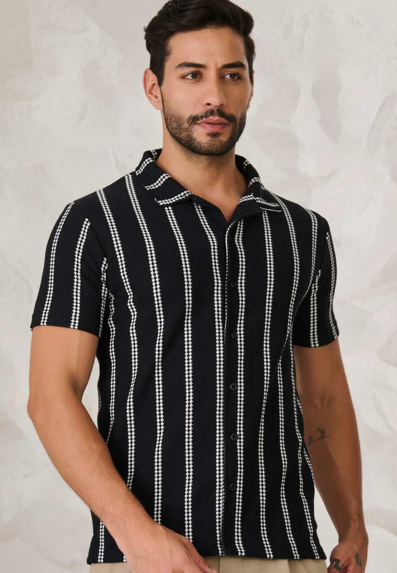 Ladder Stripes Textured Cuban Shirt - Black