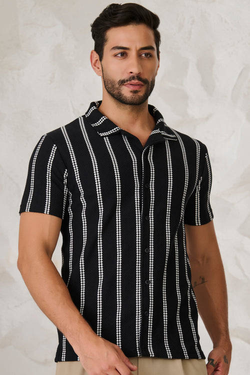Ladder Stripes Textured Cuban Shirt - Black