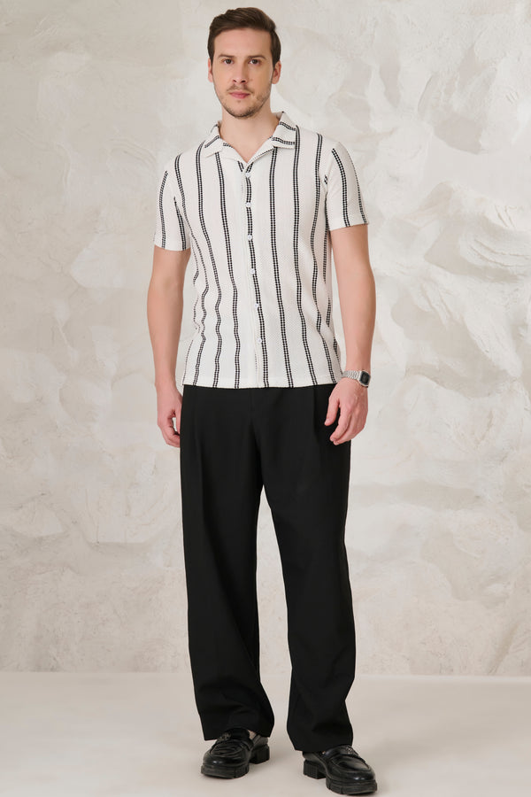 Ladder Stripes Textured Cuban Shirt - White