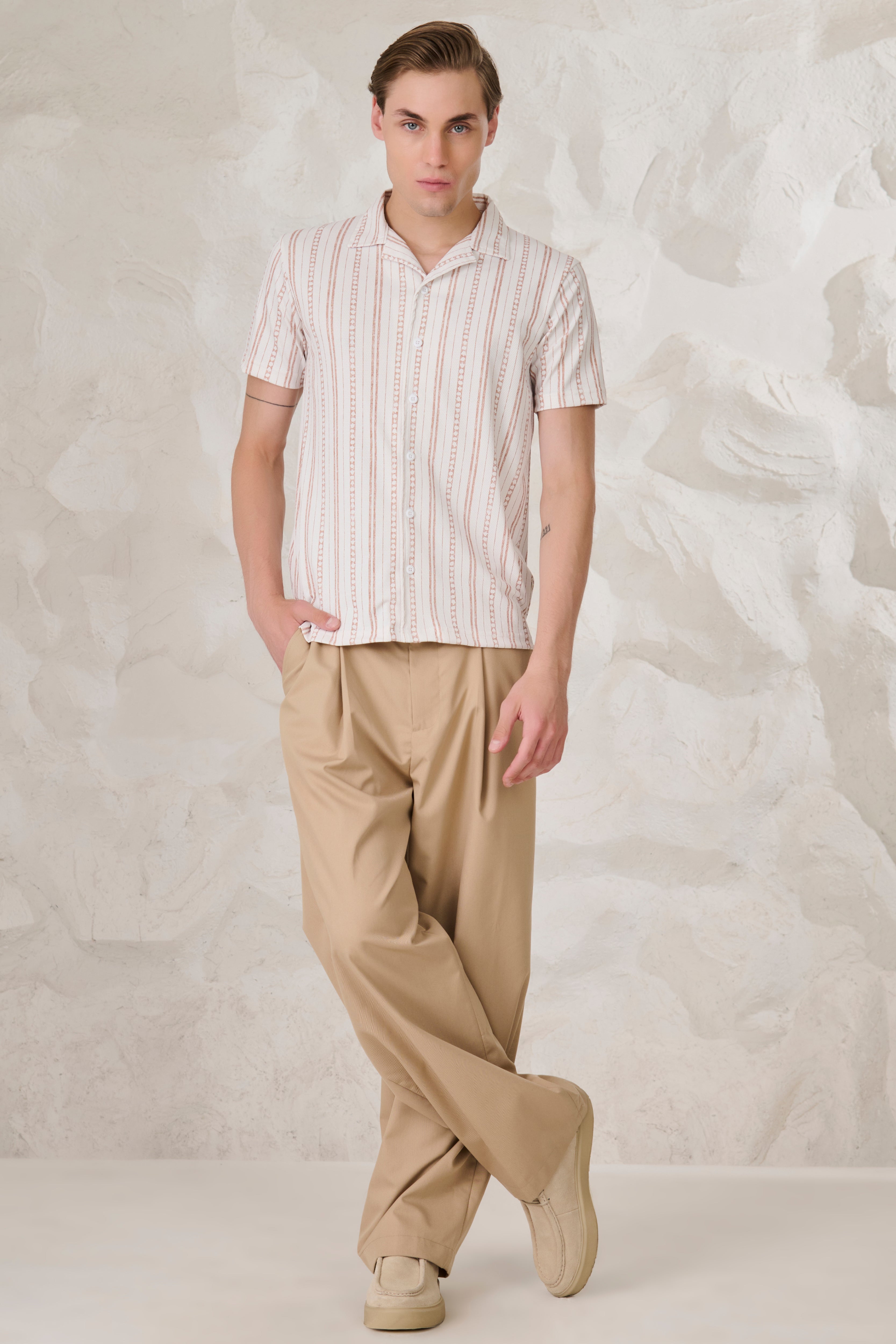 Buy Indian Stripe Cuban Shirt - Khaki Online Shopping view 5