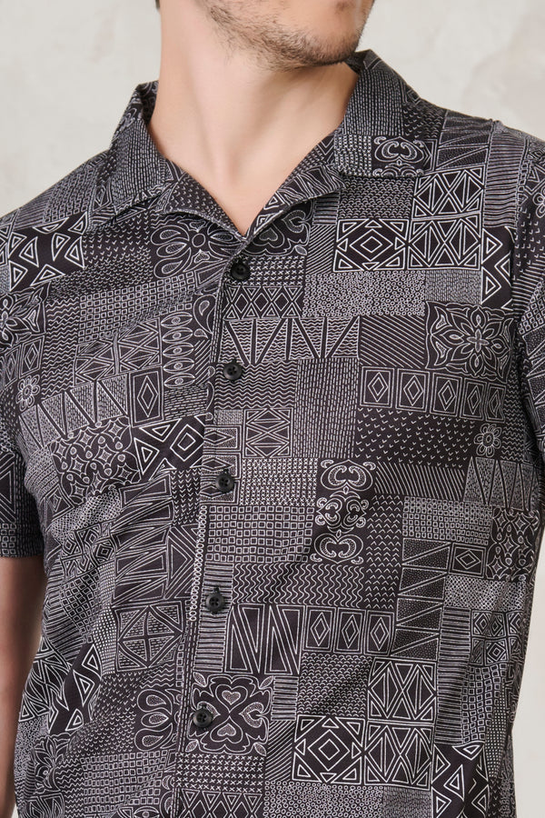 Abstract Collage Cuban Shirt - Black