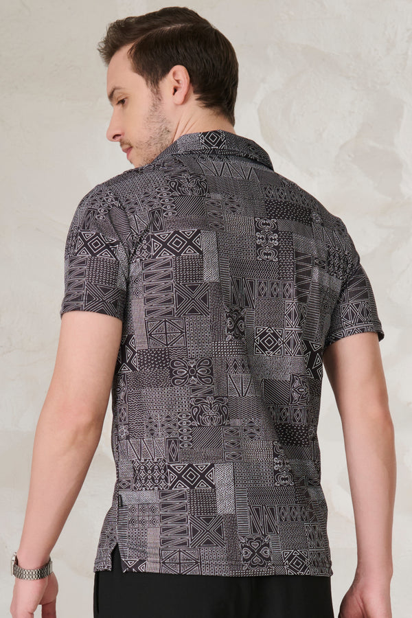 Abstract Collage Cuban Shirt - Black