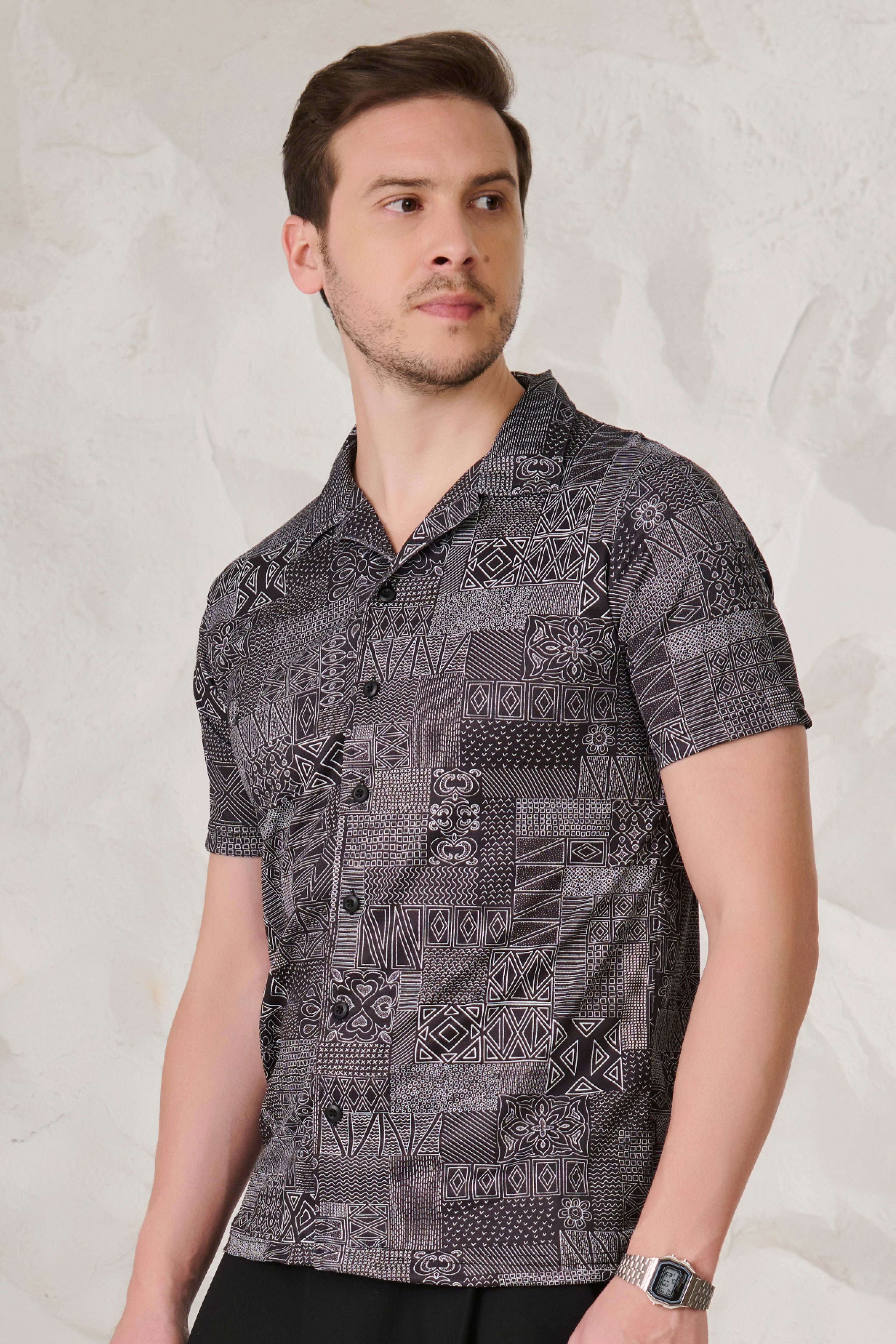 Buy Abstract Collage Cuban Shirt - Black Online Shopping view 1