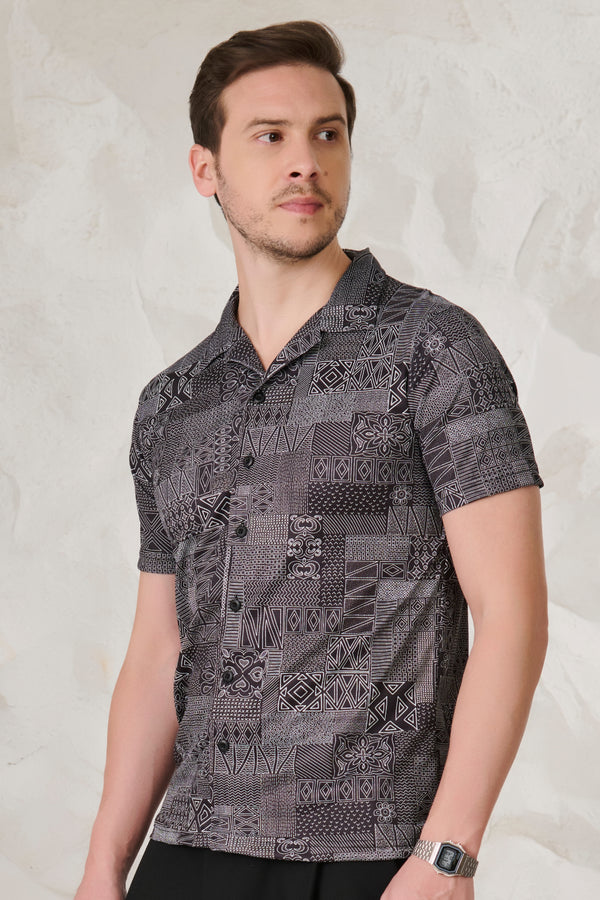 Abstract Collage Cuban Shirt - Black