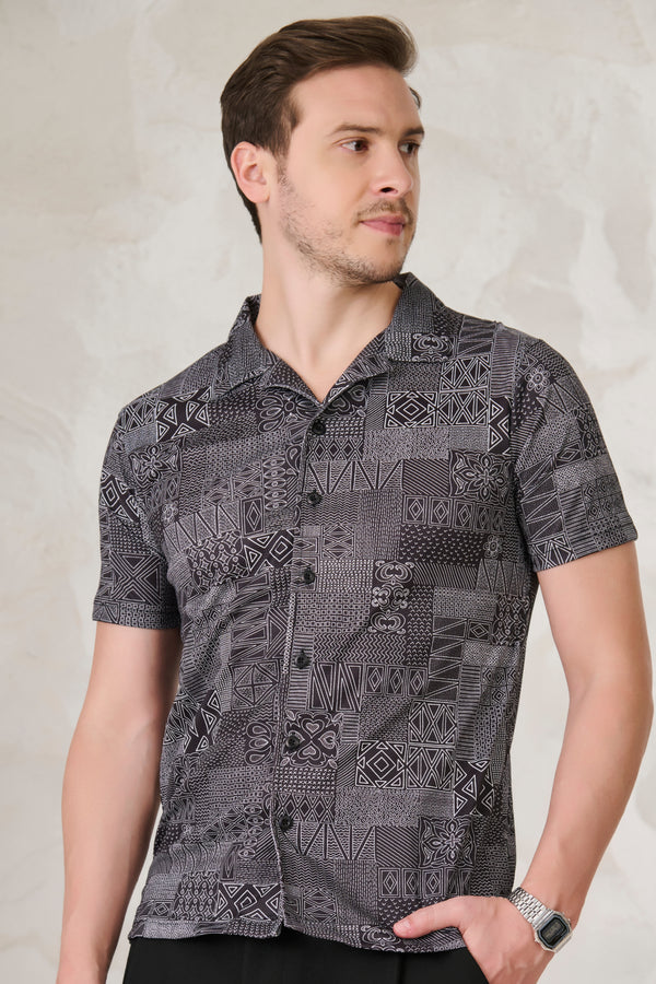 Abstract Collage Cuban Shirt - Black