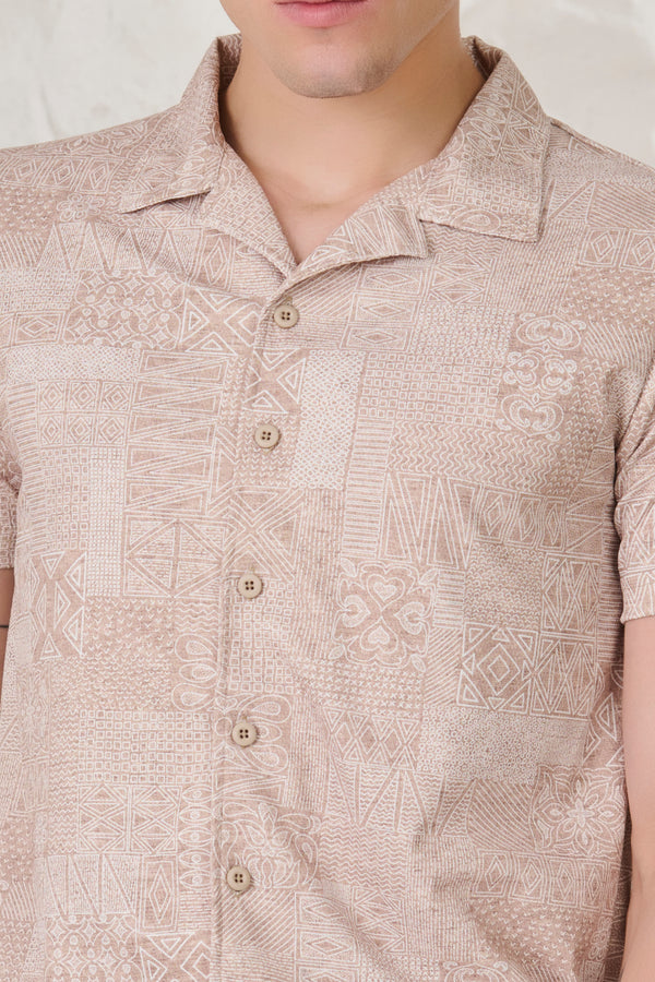 Abstract Collage Cuban Shirt - Khaki