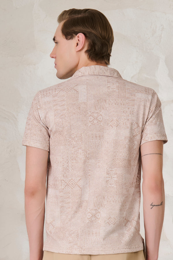 Abstract Collage Cuban Shirt - Khaki