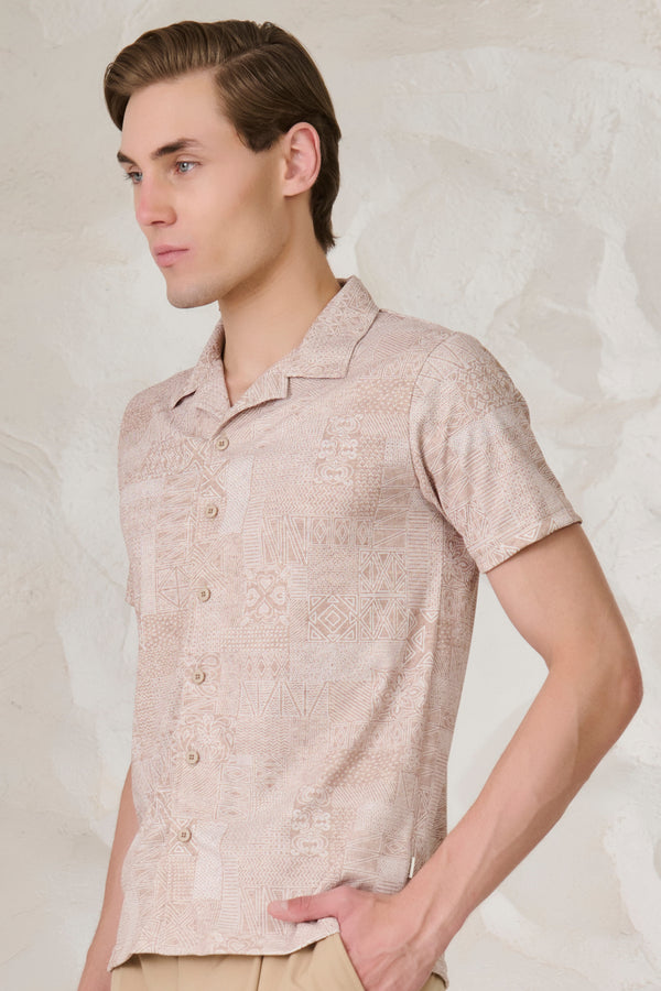 Abstract Collage Cuban Shirt - Khaki
