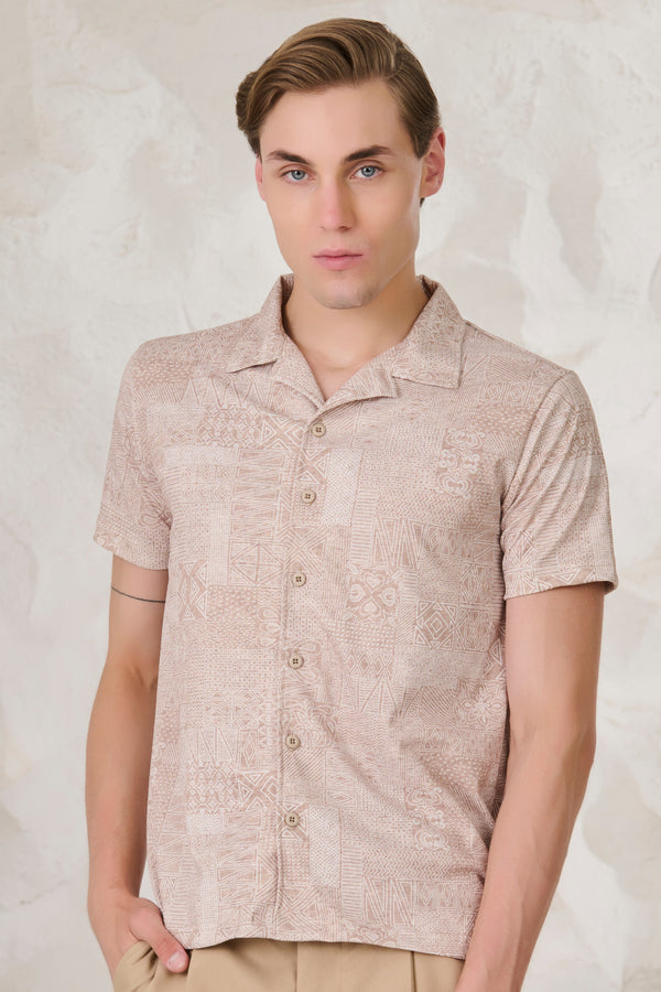 Abstract Collage Cuban Shirt - Khaki