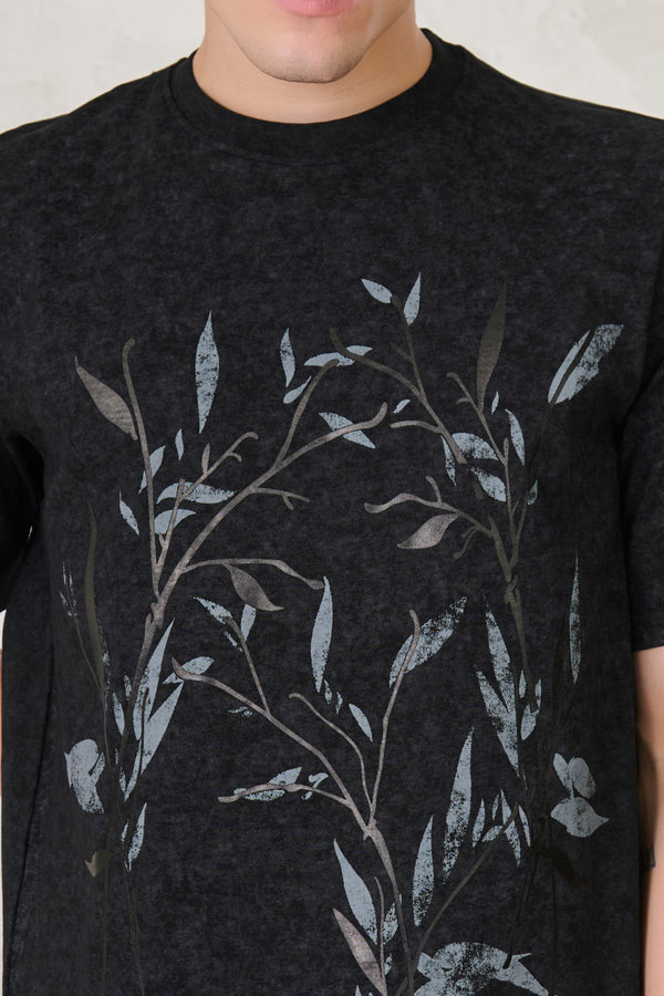 Leaves on Indigo Oversized T-Shirt - Black/Grey