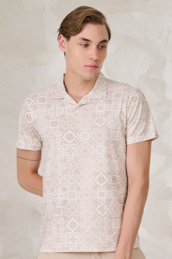 Geometric Collage Cuban T-Shirt - Khaki