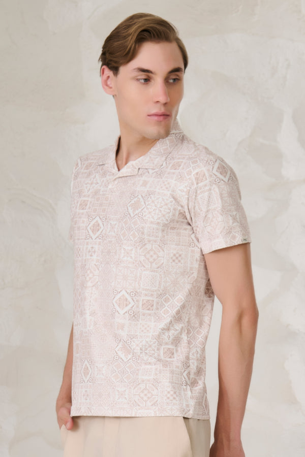 Geometric Collage Cuban T-Shirt - Khaki