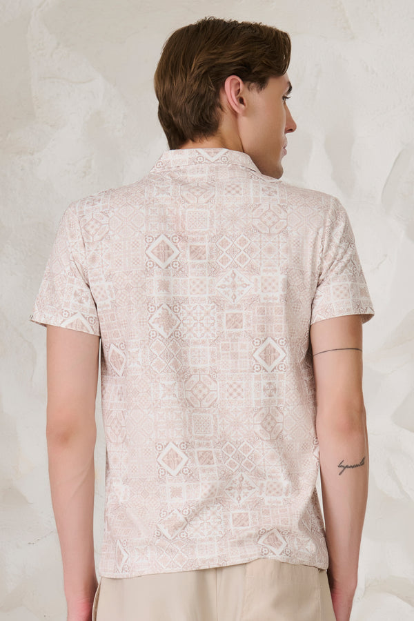 Geometric Collage Cuban T-Shirt - Khaki