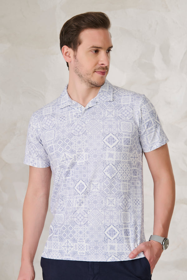 Geometric Collage Cuban T-Shirt - Blue