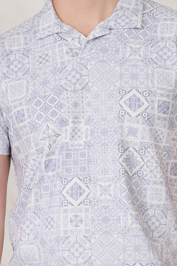 Geometric Collage Cuban T-Shirt - Blue