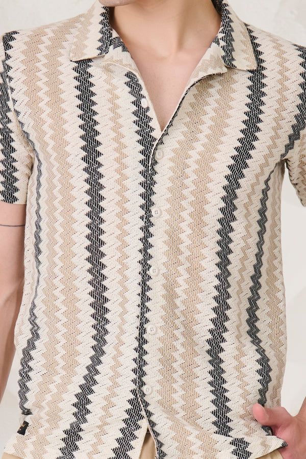 Vertical Waves Textured Cuban Shirt - Offwhite