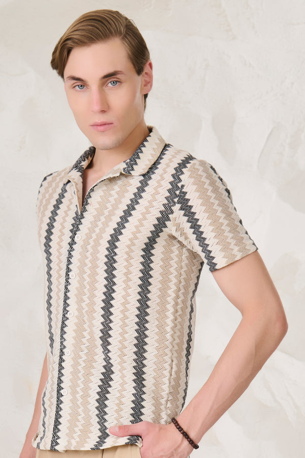 Vertical Waves Textured Cuban Shirt - Offwhite