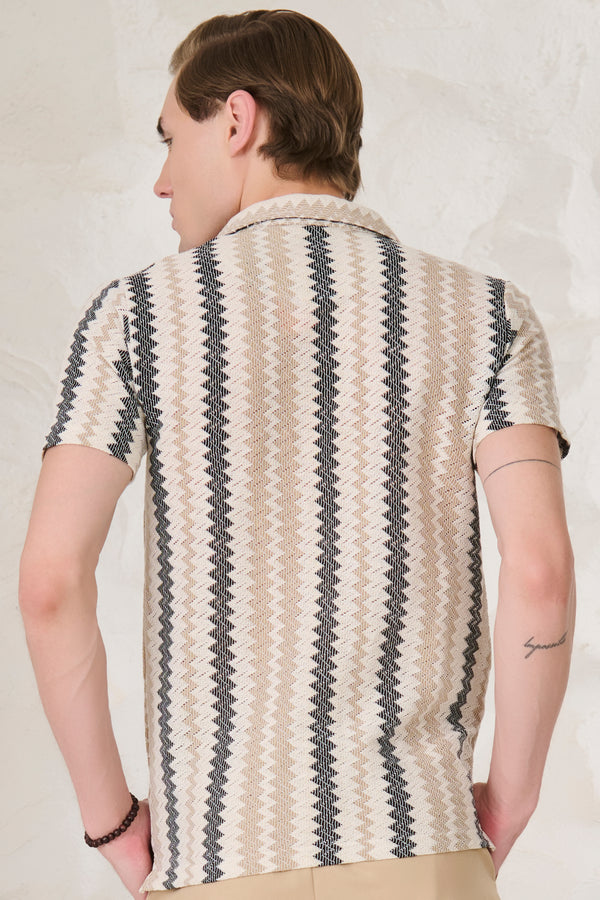 Vertical Waves Textured Cuban Shirt - Offwhite