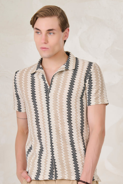 Vertical Waves Textured Cuban Shirt - Offwhite