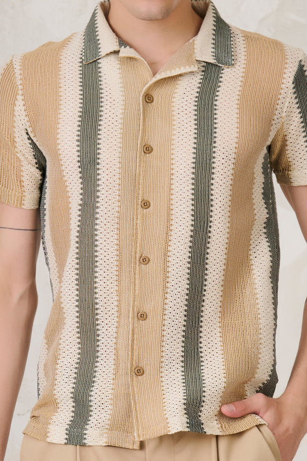 Air Vents Stripe Cuban Shirt - Khaki