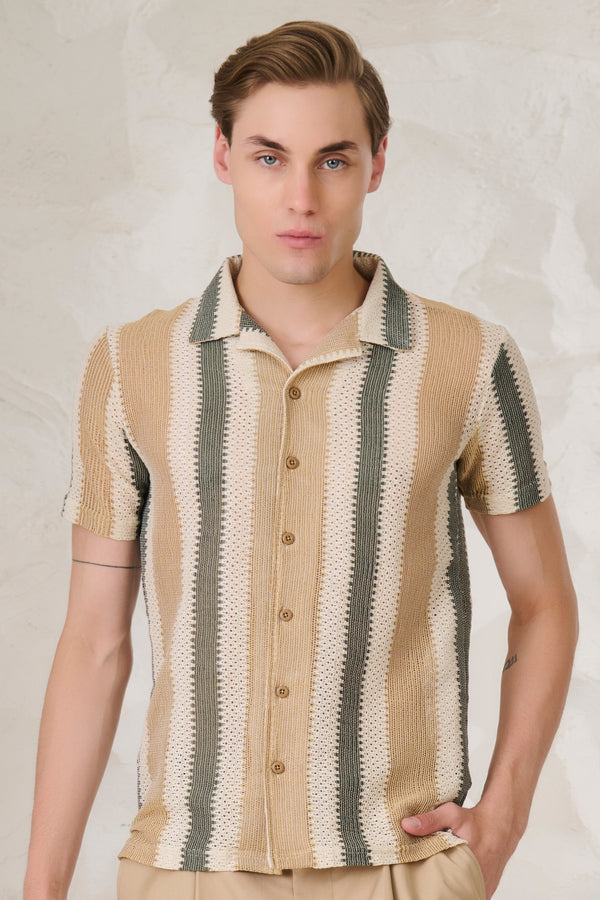 Air Vents Stripe Cuban Shirt - Khaki