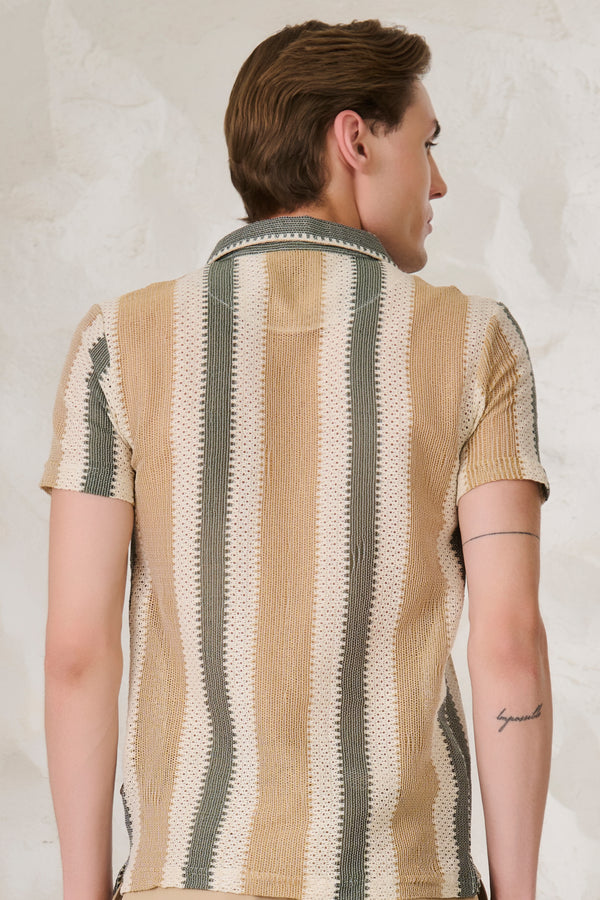 Air Vents Stripe Cuban Shirt - Khaki