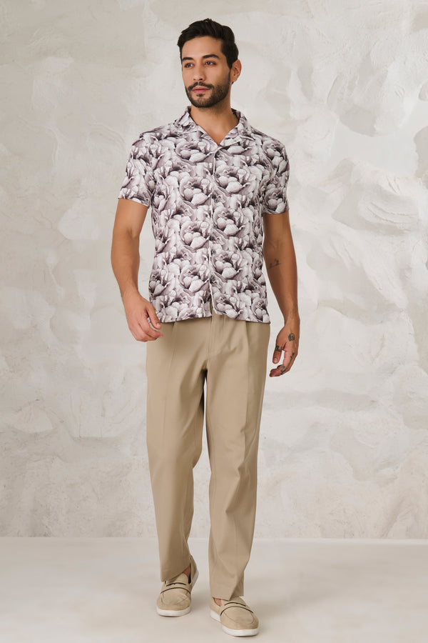 Monochrome Flower Cuban Shirt-Black