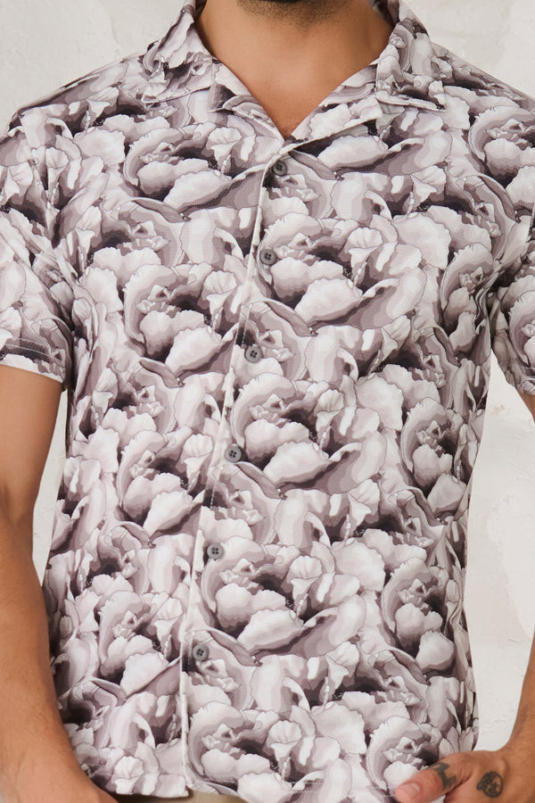 Monochrome Flower Cuban Shirt-Black