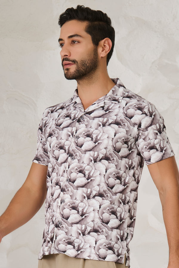 Monochrome Flower Cuban Shirt-Black