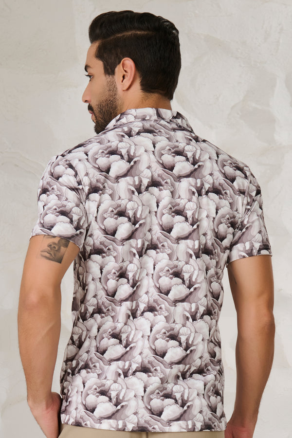 Monochrome Flower Cuban Shirt-Black