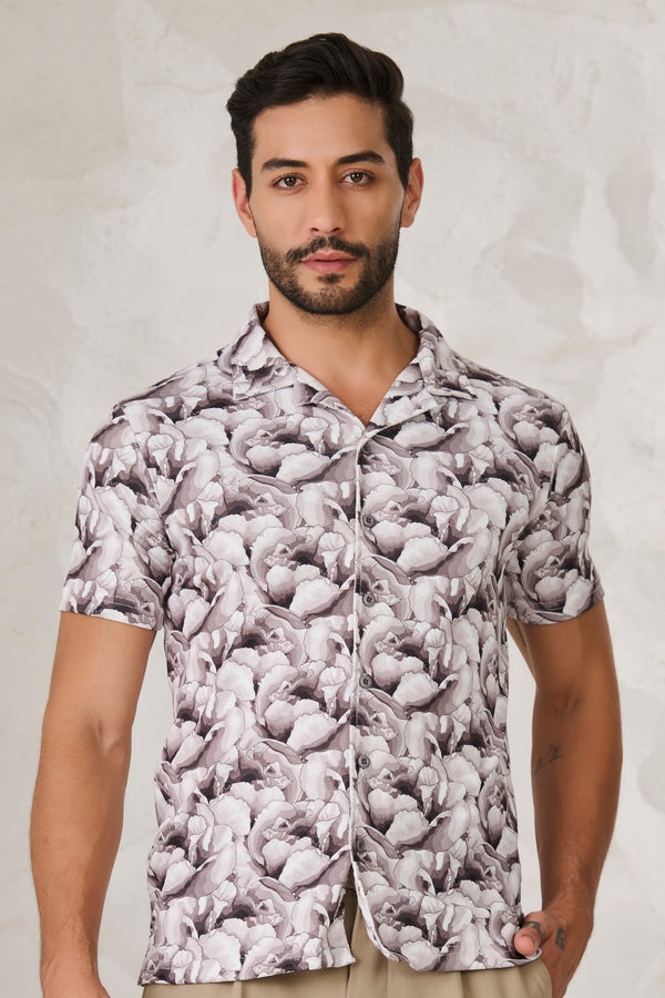 Monochrome Flower Cuban Shirt-Black