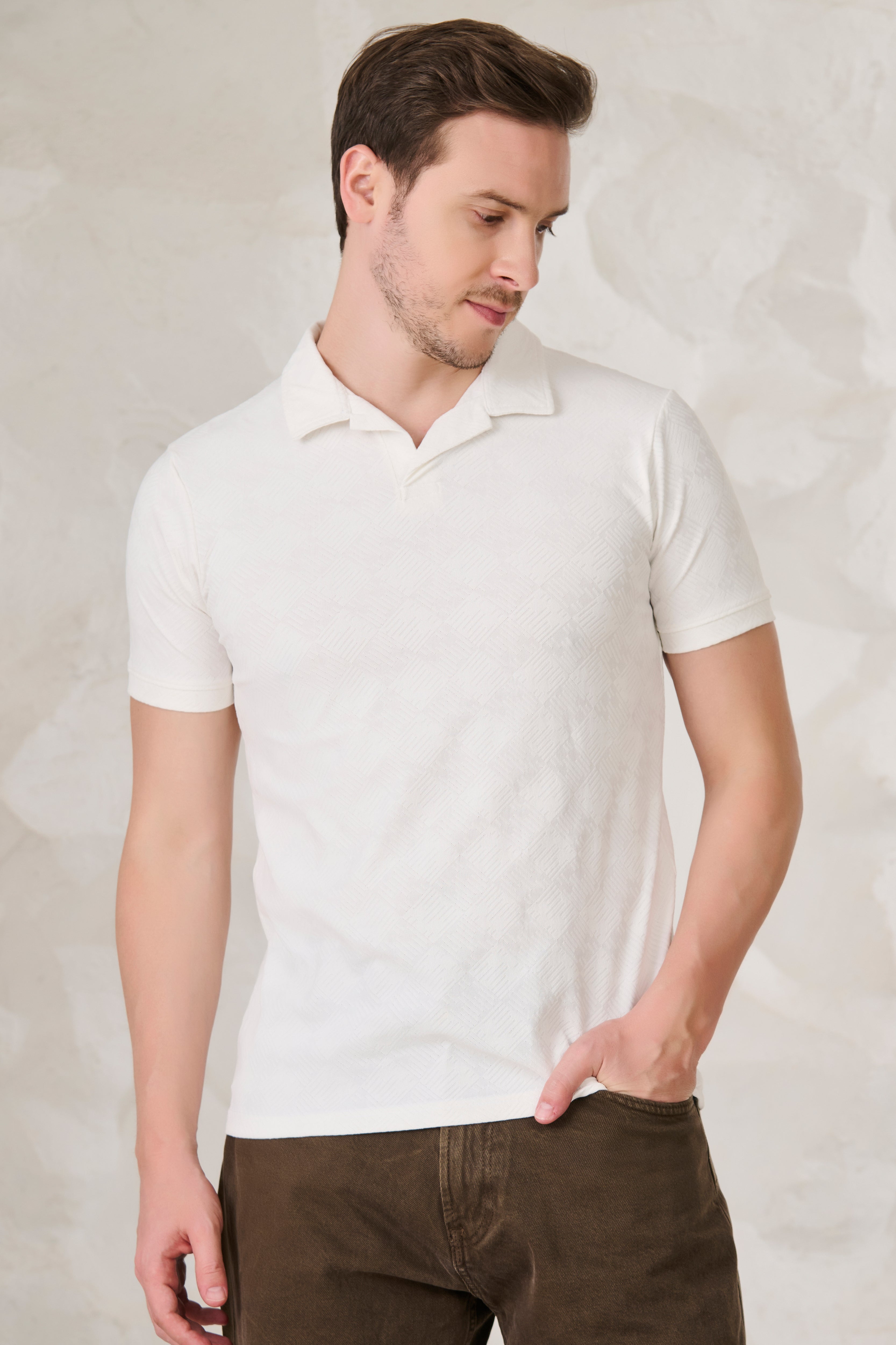 Buy Square Tiles Textured Cuban T-Shirt -  White Online Shopping view 2