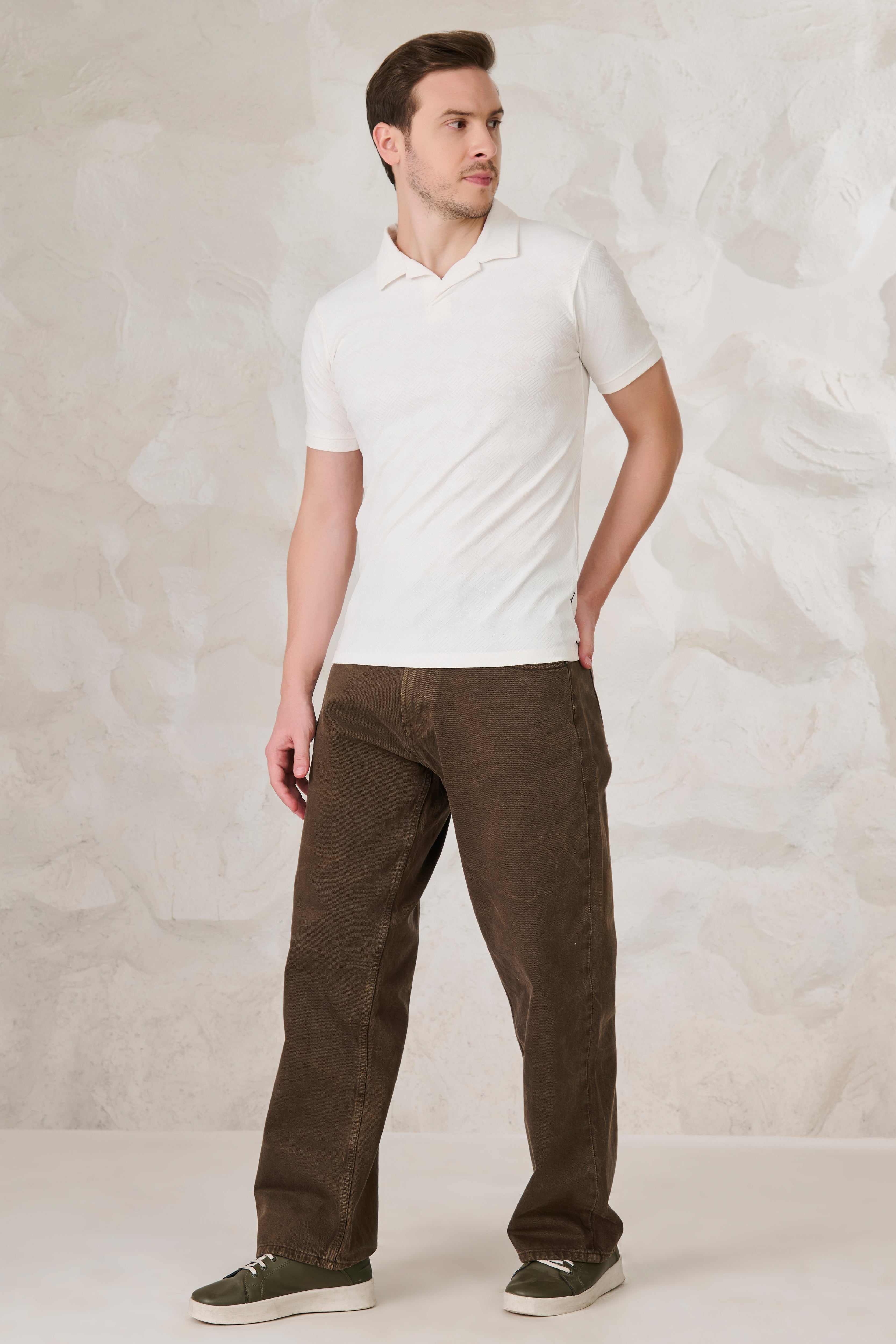 Buy Square Tiles Textured Cuban T-Shirt -  White Online Shopping view 5