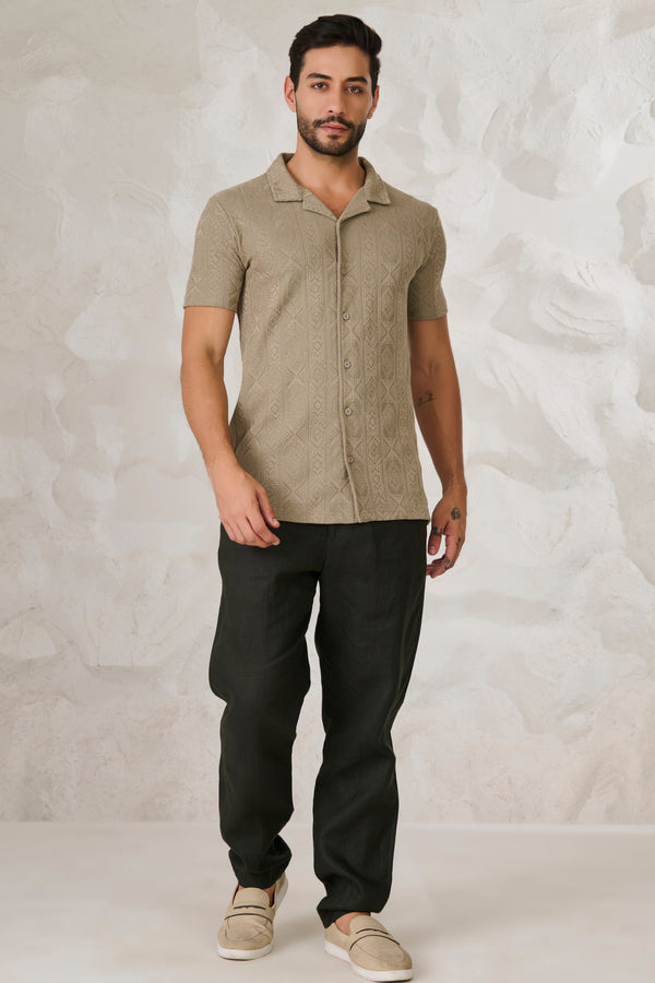 Geometric Textured Stretch Cuban Shirt - Pista