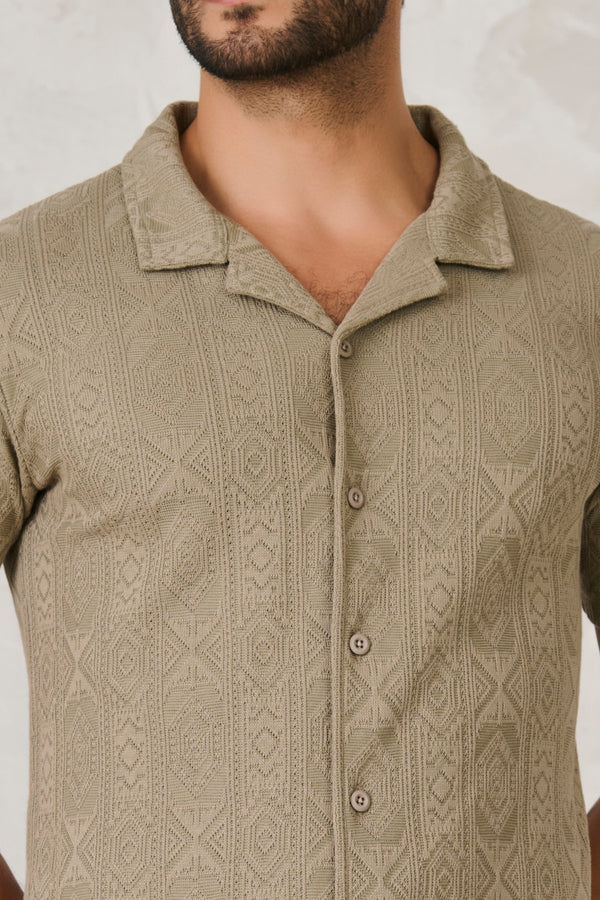 Geometric Textured Stretch Cuban Shirt - Pista