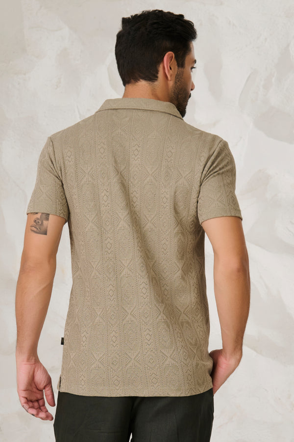 Geometric Textured Stretch Cuban Shirt - Pista